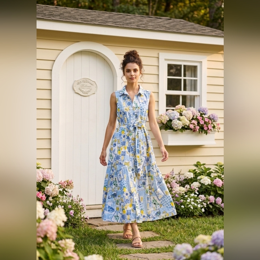 J. Crew Sleeveless Collared Floral & Tile-Print Maxi Dress in Blue and Yellow